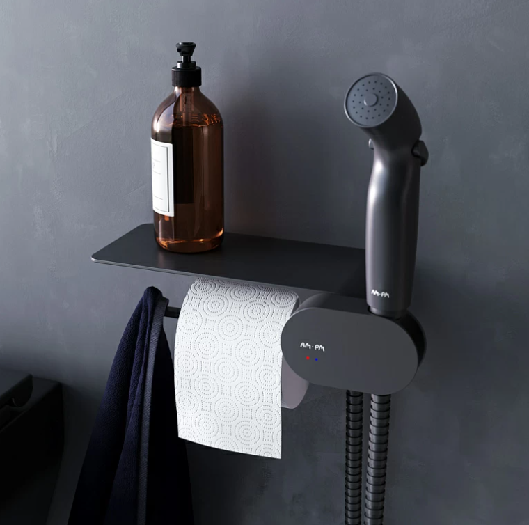 F0202622 Like, гигиенический набор со смесителем+полка, держатель т/б, гигиен. душ, шланг, чёрный