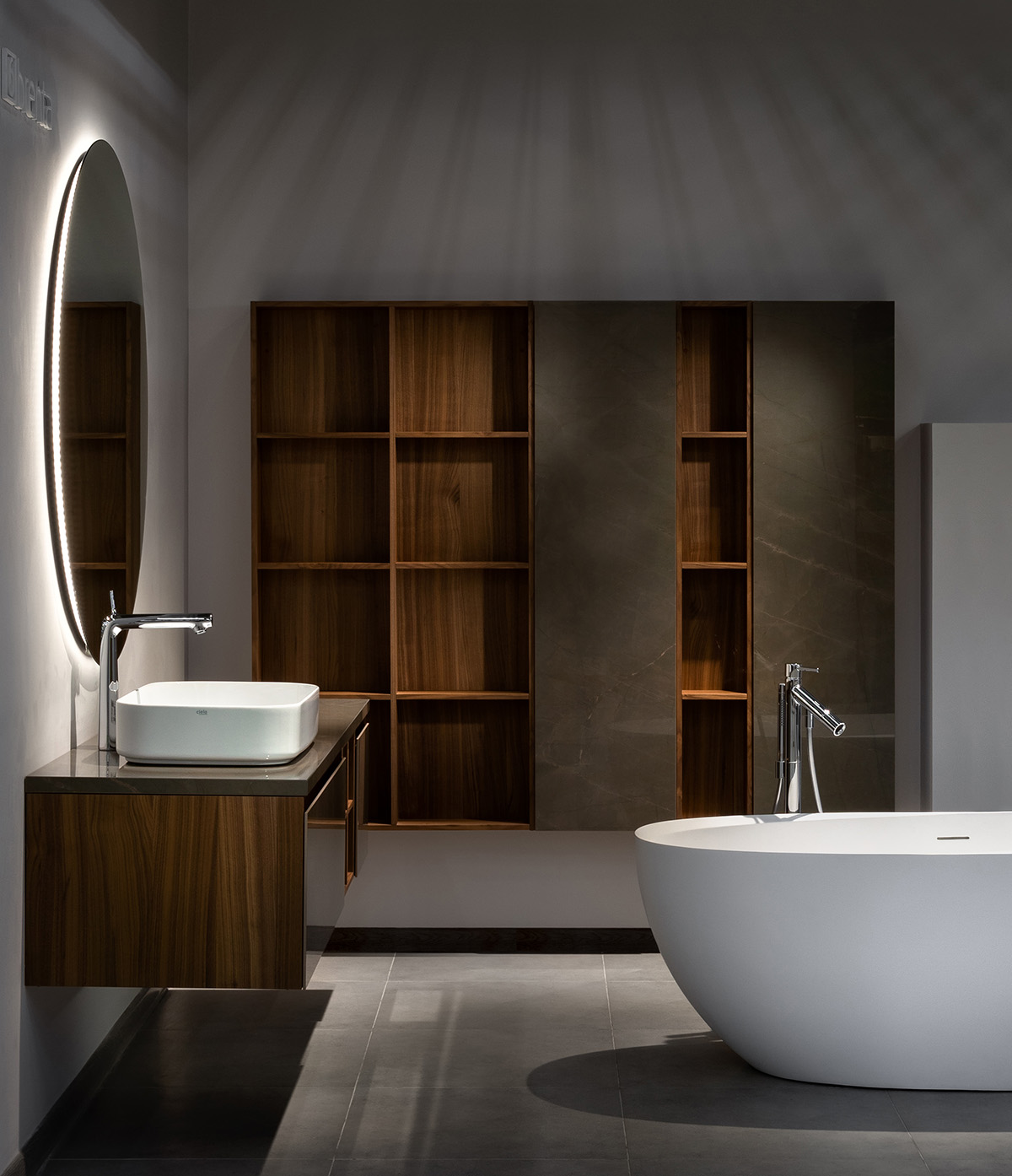 Шкаф пенал Fusion подвес., 55х20х150 (корпус, ниша - шпон W10 dark walnut/фасады Gaudi stone)